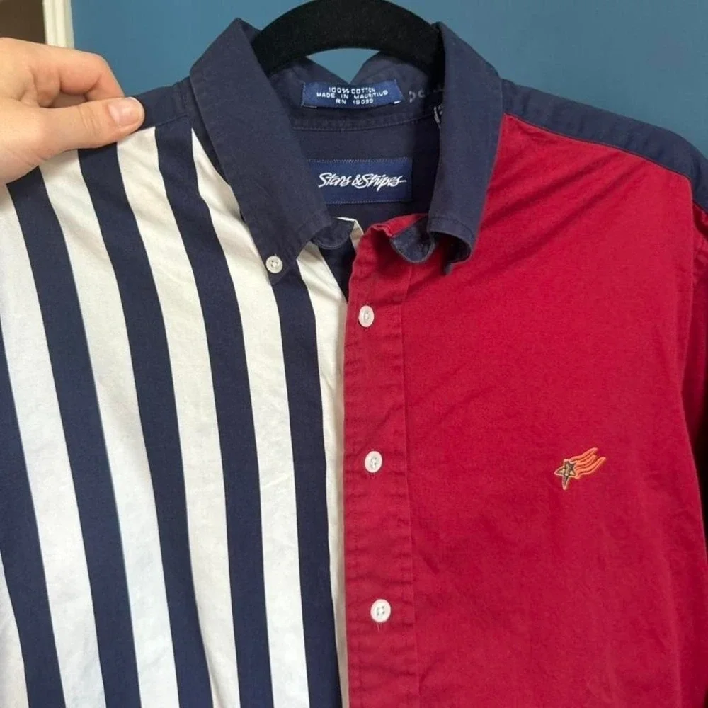 Vintage 90s Colorblock Shirt Men's Size Medium Stars And Stripes Navy Red Retro - Picture 3 of 8